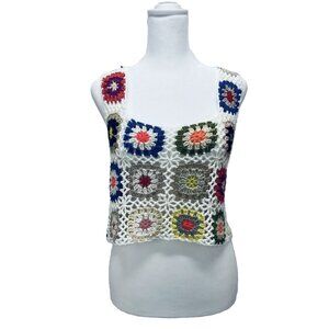 Handmade Crocheted Granny Square Cropped Hippie Tank Top Festival One Size White